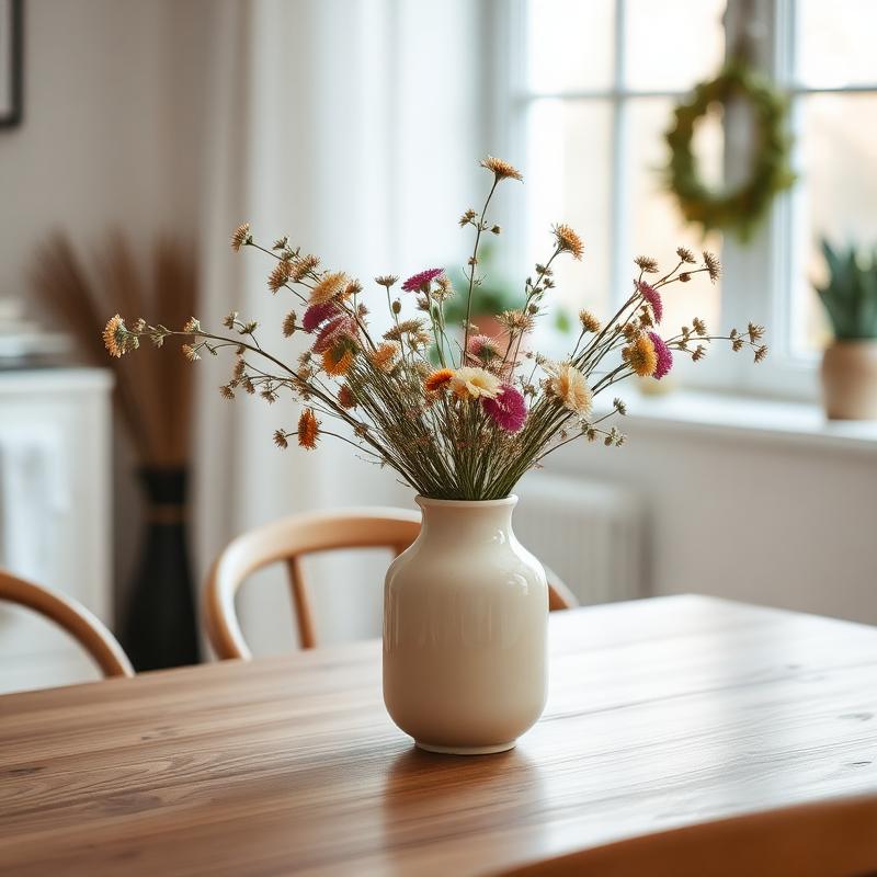 Vit InVase-vas med vårblommor på ett ljust bord